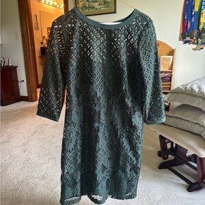 LOFT Dark Green Lace Long Sleeve Dress